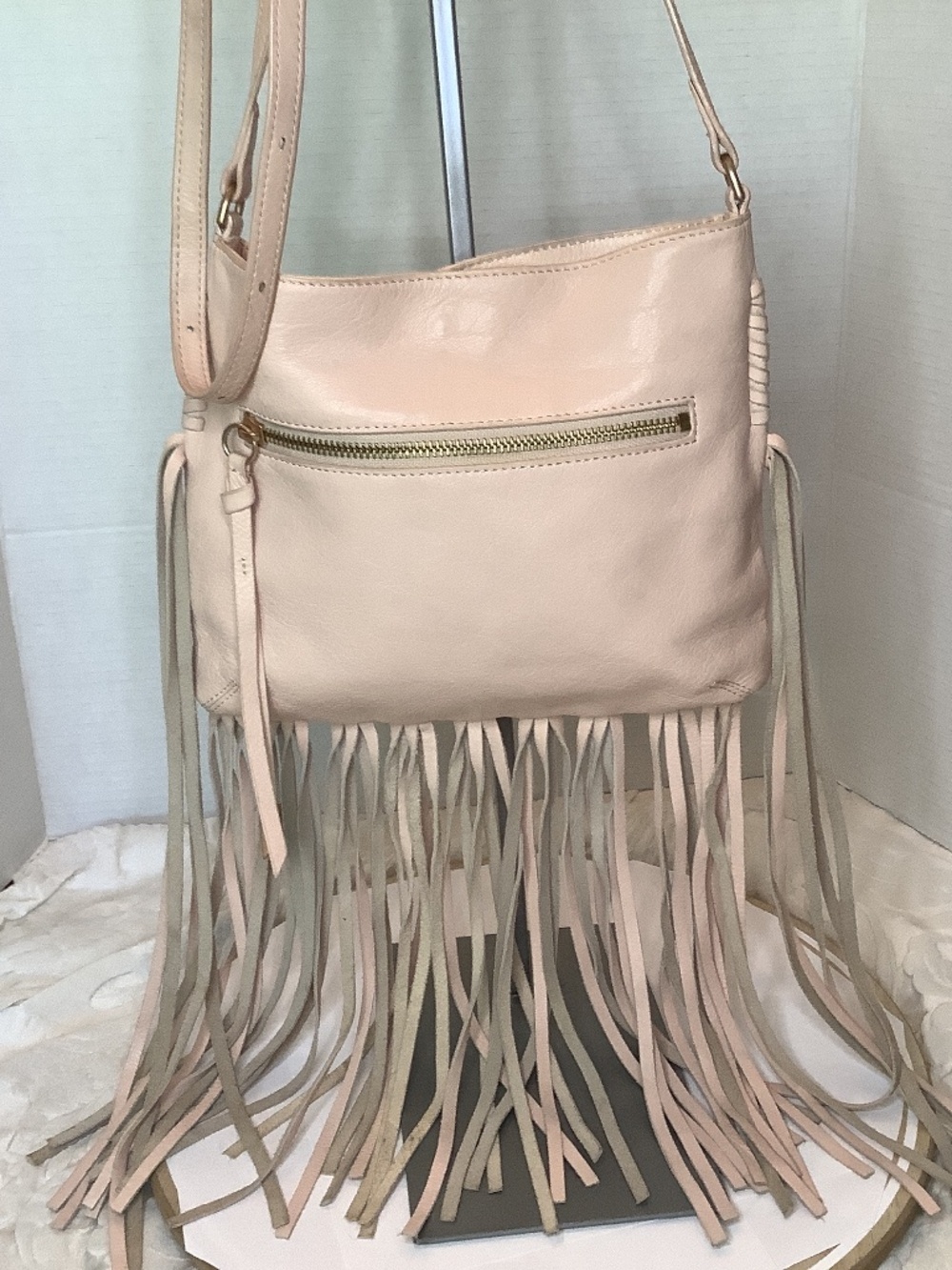 Euc Foley & Corinna pink leather crossbody with fringe western hobo